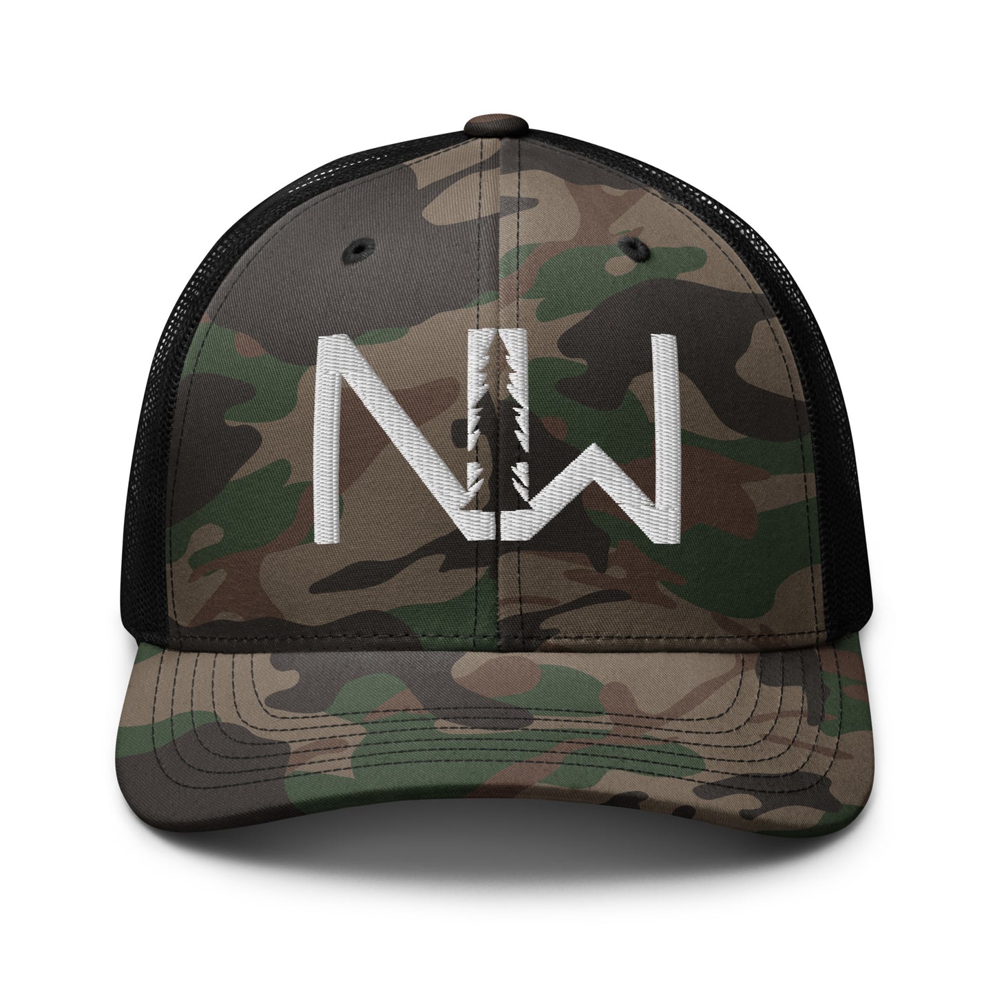 Camouflage trucker hat with White Stitching