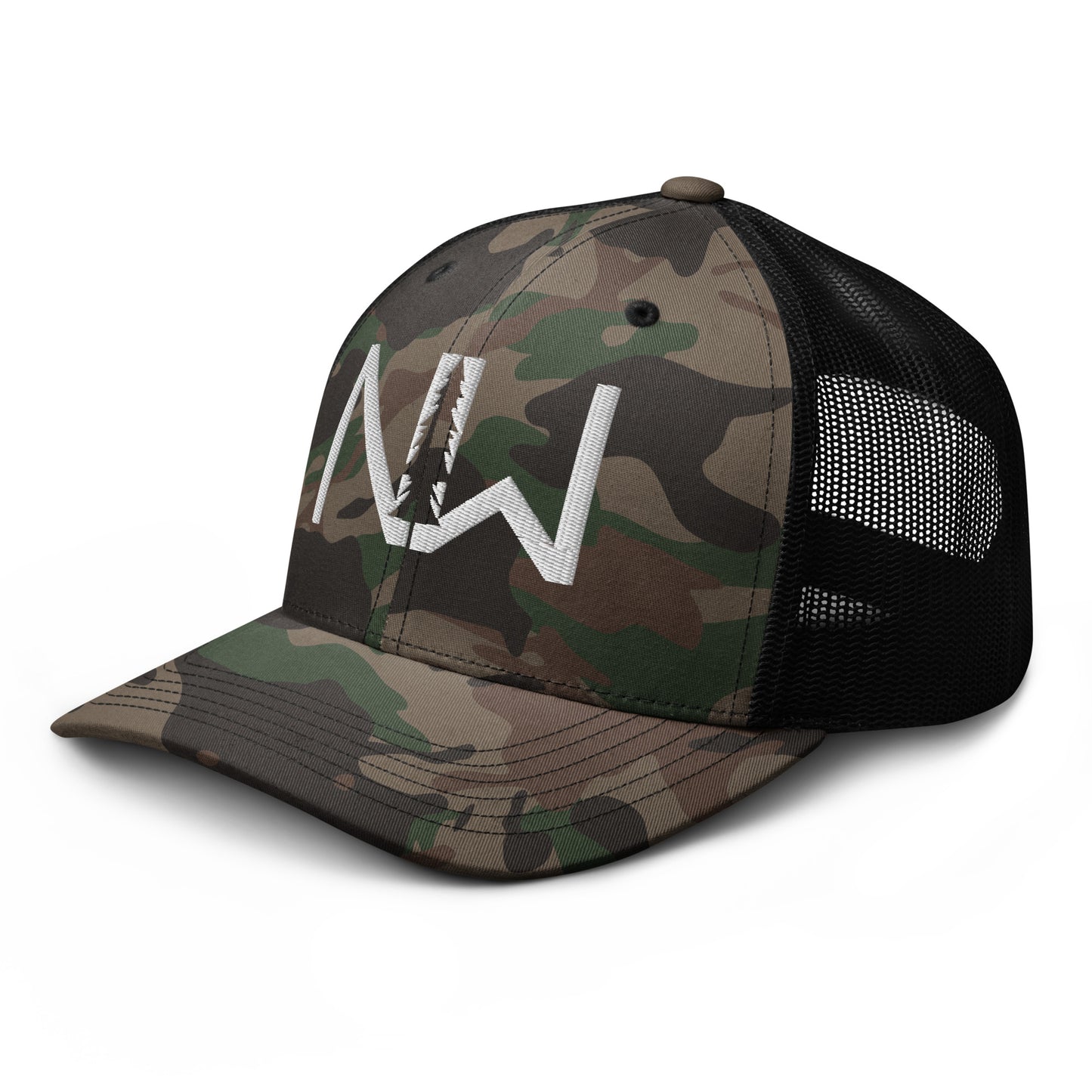 Camouflage trucker hat with White Stitching