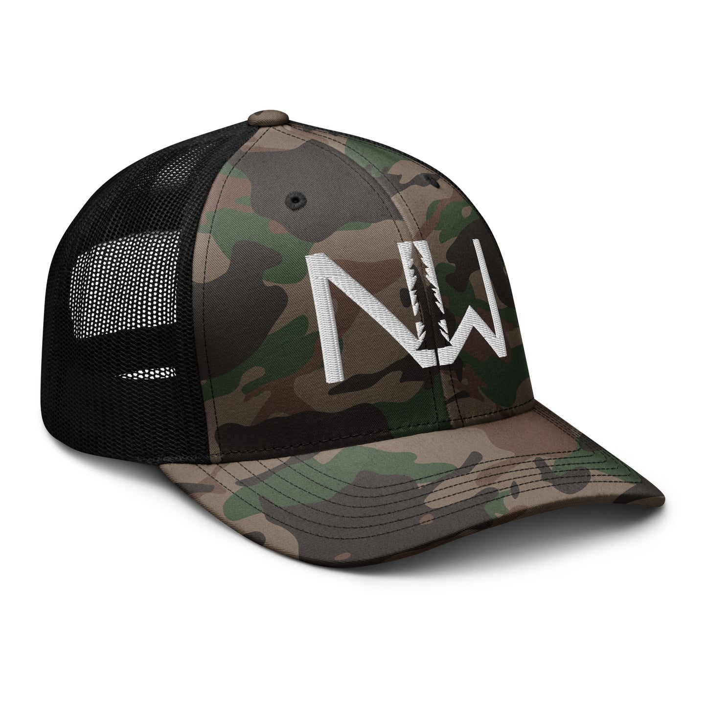 Camouflage trucker hat with White Stitching