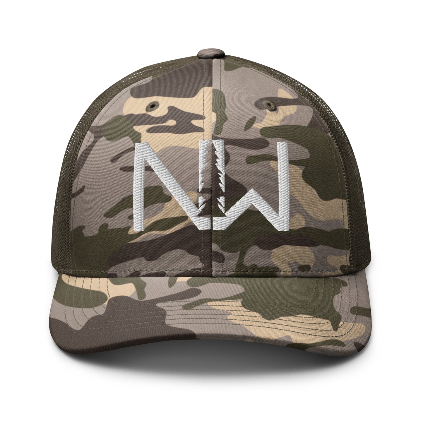 Camouflage trucker hat with White Stitching