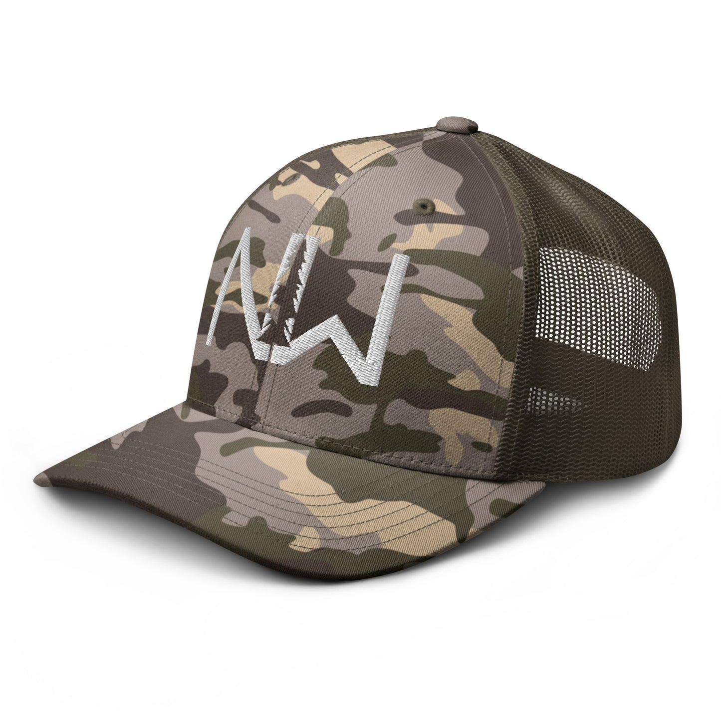 Camouflage trucker hat with White Stitching