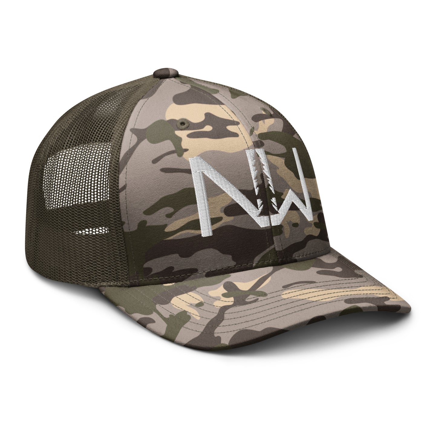 Camouflage trucker hat with White Stitching